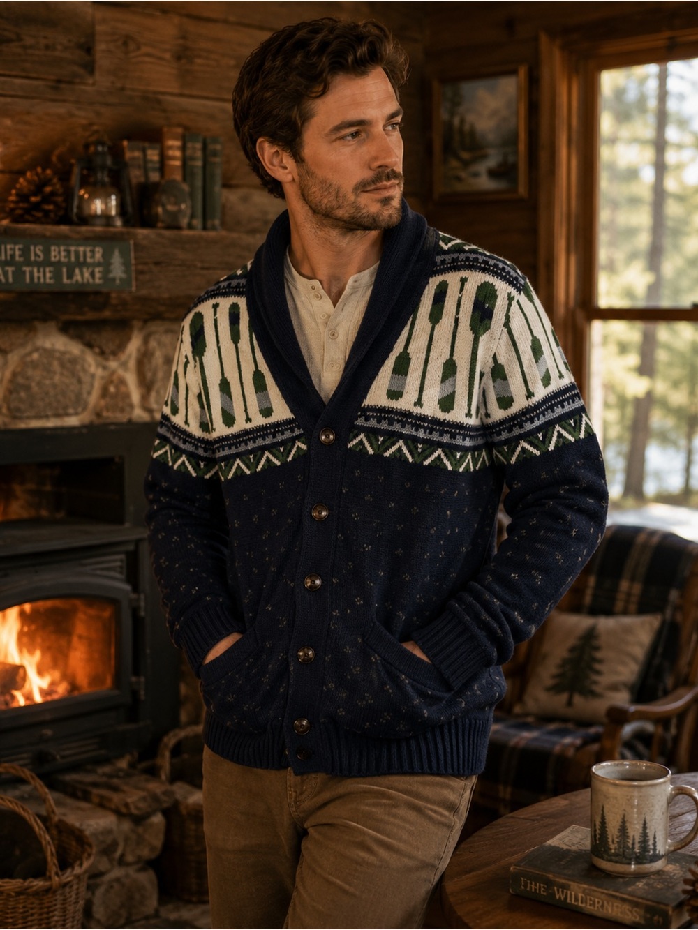 Merona Cardigan Mens M Medium Blue Boating Oars Button Shawl Neck Sweater Knit